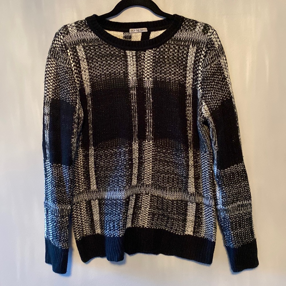 Knit black and white plaid sweater